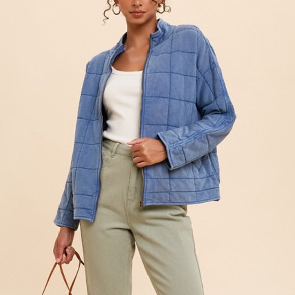 NWOT Quilted Jacket Dolman Dusty Denim Garment Washed - Picture 1 of 3